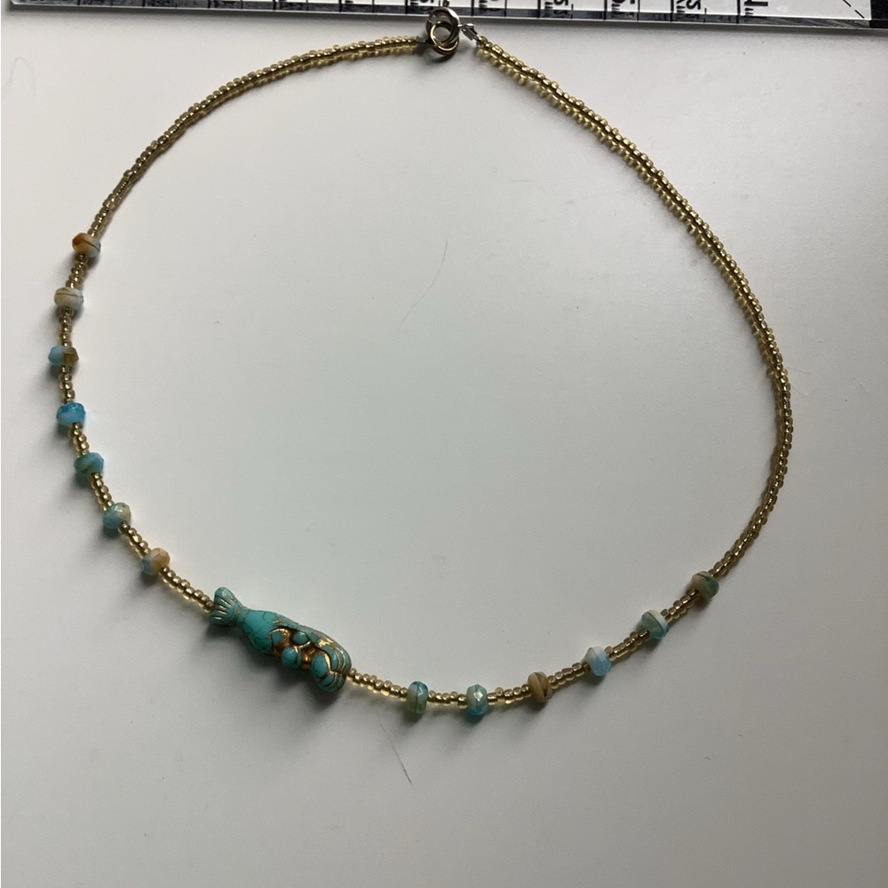 Mermaid charm Tiny seed glass beads choker hand beaded necklace 16 inch